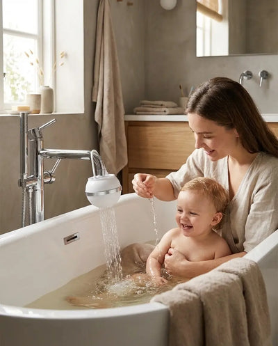 Mother bathing baby with PureToddle AquaPure Filter attached to faucet, reducing chlorine in bath water for sensitive infant skin