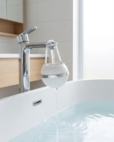 PureToddle AquaPure Filter hanging on faucet over white bathtub, ready to filter chlorine from bath water