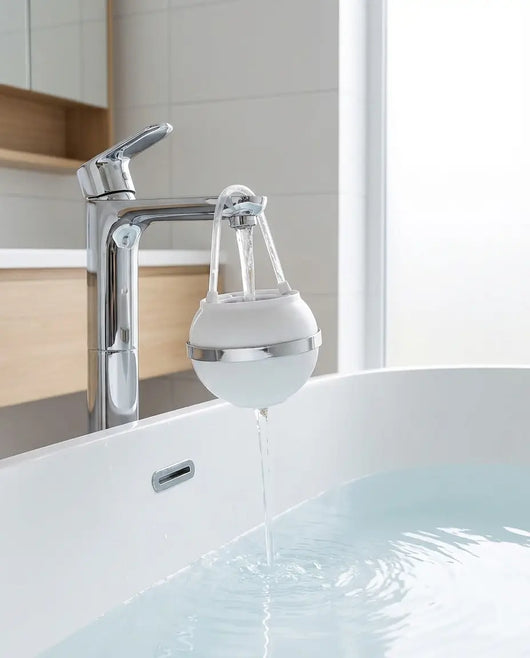 PureToddle AquaPure Filter hanging on faucet over white bathtub, ready to filter chlorine from bath water
